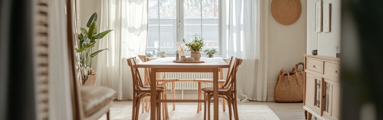 A bright, inviting dining area featuring a wooden table and chairs, plants, and natural light.