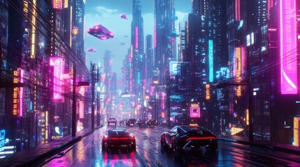 Obraz premium Cyberpunk Cityscape with Neon Lights