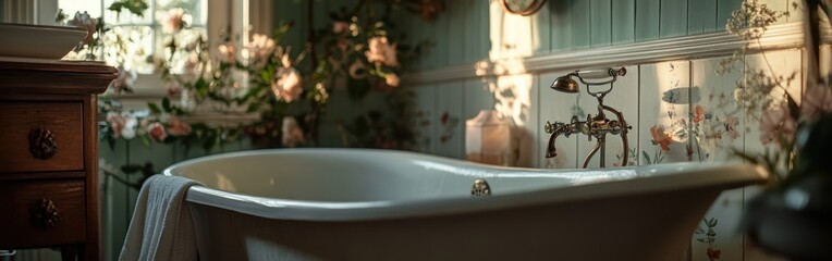 A serene bathroom scene featuring a vintage bathtub surrounded by floral decor.
