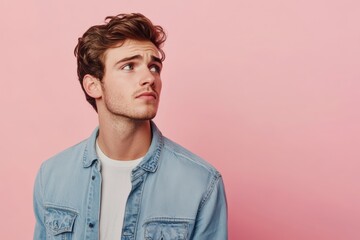 Obraz premium Jaded young Caucasian man looking away against a pink background with space for text