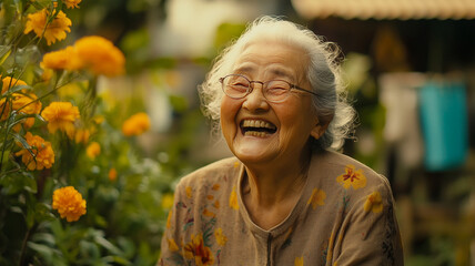 Celebrating World Smile Day with an elderly woman's joyful laughter surrounded by blooming flowers