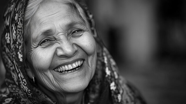 Celebrating World Smile Day with a joyful elder woman beaming in traditional attire outdoors