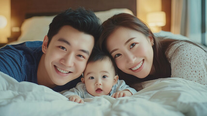 Happy family celebrates World Smile Day together in cozy bedroom with joyful expressions