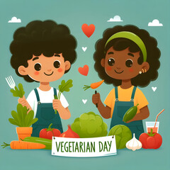 AI Generated a Boy and Girl Eating Vegetables and There is Text Vegetarian Day Text with Many Foods and Vegetables. Happy Vegetarian Background Vector Flat Design