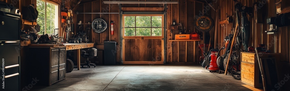 Sticker A well-organized garage with tools, workbench, and storage for various projects.