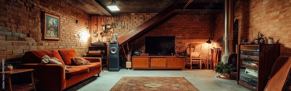 Sticker Cozy basement living area with a warm ambiance and rustic decor.