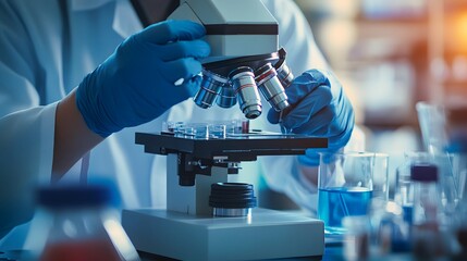 A scientist wearing blue gloves adjusts the lens of a microscope in a laboratory.