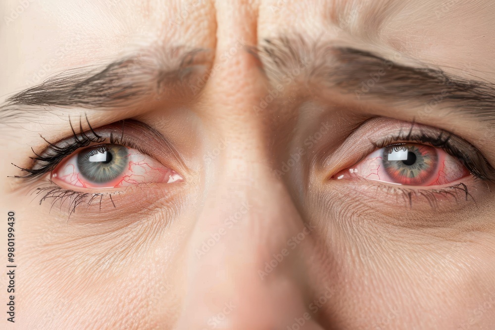 Wall mural close-up of a person with irritated red eyes, expressing discomfort and strain. ideal for health-rel