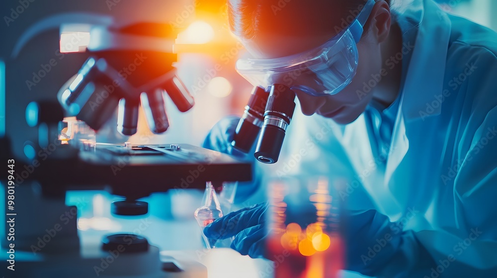 Poster scientist examining a sample under a microscope