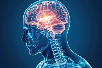 A detailed illustration of the human brain and spinal cord, highlighting neural activity and brain function in a bold design.