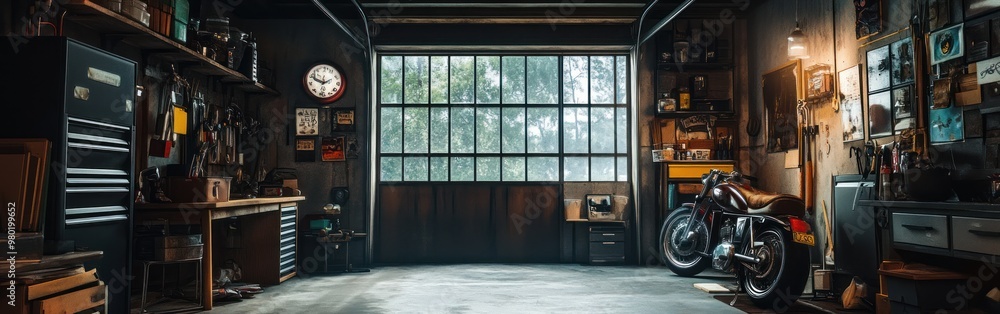 Canvas Prints A cozy garage with tools, a motorcycle, and natural light streaming in.