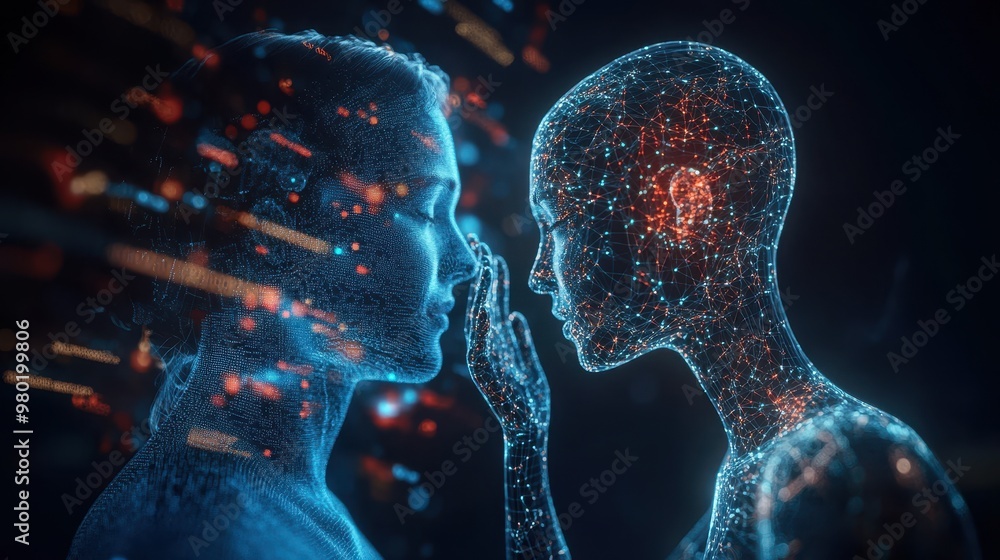 Poster digital connection: two wireframe figures in a digital realm