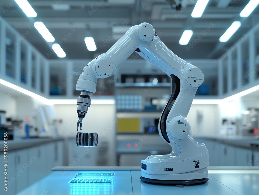 Poster a robotic arm in a laboratory setting with a glowing blue surface.