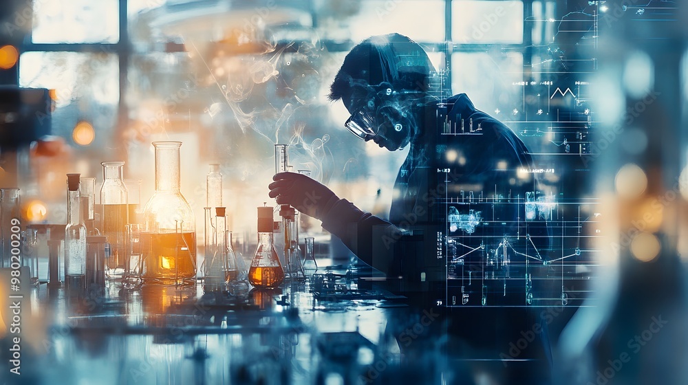 Poster a scientist working in a laboratory with digital overlays