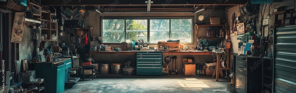 Poster A cluttered garage workspace with tools, shelves, and natural light.