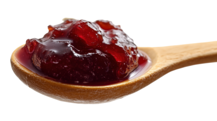 Wooden spoon filled with fresh berry jam close-up on white background