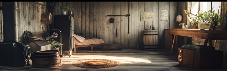 Cozy interior with wooden walls, a bed, plants, and rustic furniture.