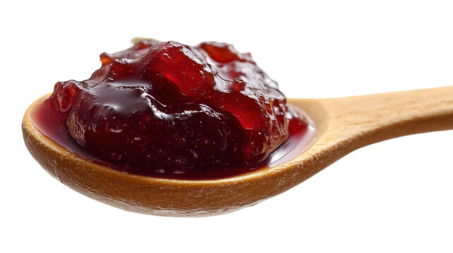 Wooden spoon filled with fresh berry jam close-up on white background