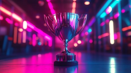 A shiny trophy sits on a reflective surface illuminated by vibrant pink and blue neon lights.