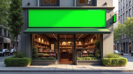 Grocery Store Facade Mockup: Modern Urban Supermarket Exterior with Green Screen Signage for Brand Visualization