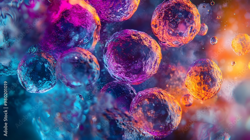 Poster abstract colorful spheres floating in a glowing fluid