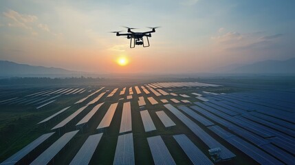 Drone Flying Over Solar Panels at Sunset