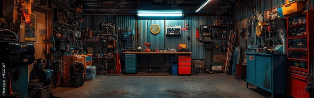 Poster a well-equipped workshop with tools and storage for various diy projects.