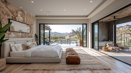 Show a luxury bedroom with a desert view, featuring a calming color palette of beiges and earth tones