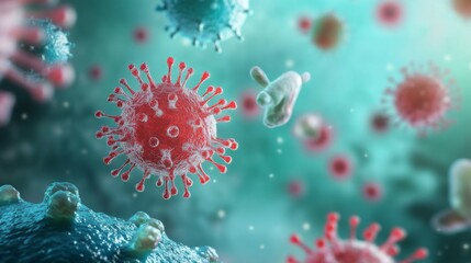 Red and blue virus particles float amidst a vibrant, abstract background, showcasing their intricate structures and highlighting the microscopic world of pathogens and microorganisms at play.