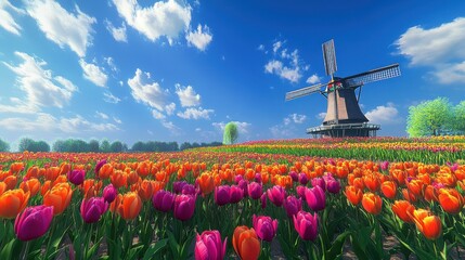 Dutch Windmill and Tulip Field Under a Blue Sky