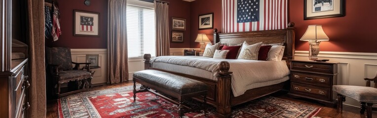 Fototapeta premium Cozy bedroom featuring a rustic design with American flag decor and warm lighting.
