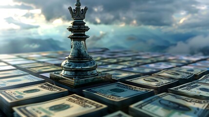 Silver chess pieces resembling kings and queens with standing position on stacks of dollar bills for representing wealth financial influence leadership strategy and power concept.