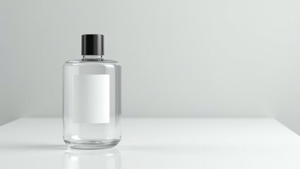 Glass Bottle Mockup: Transparent Container with Blank Label for Beverage, Perfume, or Cosmetic Product Branding on White Background