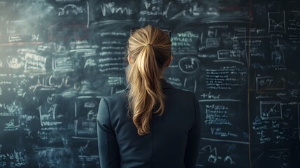 Woman Observing Handwritten Equations on a Chalkboard