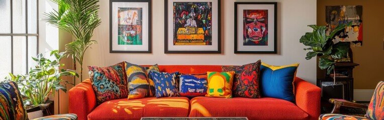 A vibrant living room with a colorful sofa and framed artwork.