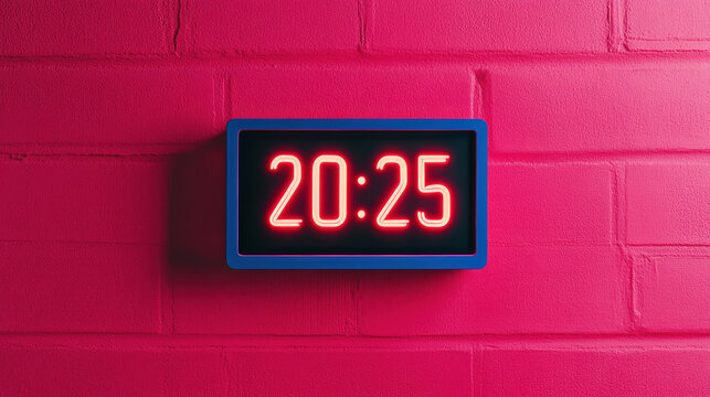 Electric Glow of Time: Futuristic Digital Clock Showing 20:25 in Neon Minimalist Style - Concept of Anticipation and Passing Time