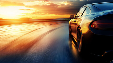 Obraz premium Lone car driving on deserted highway at sunset, road stretching into horizon with golden light reflecting off hood, sharp silhouette against vibrant sky, emphasizing solitude and freedom.