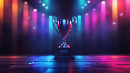 A trophy on a wooden platform with colourful light beams.