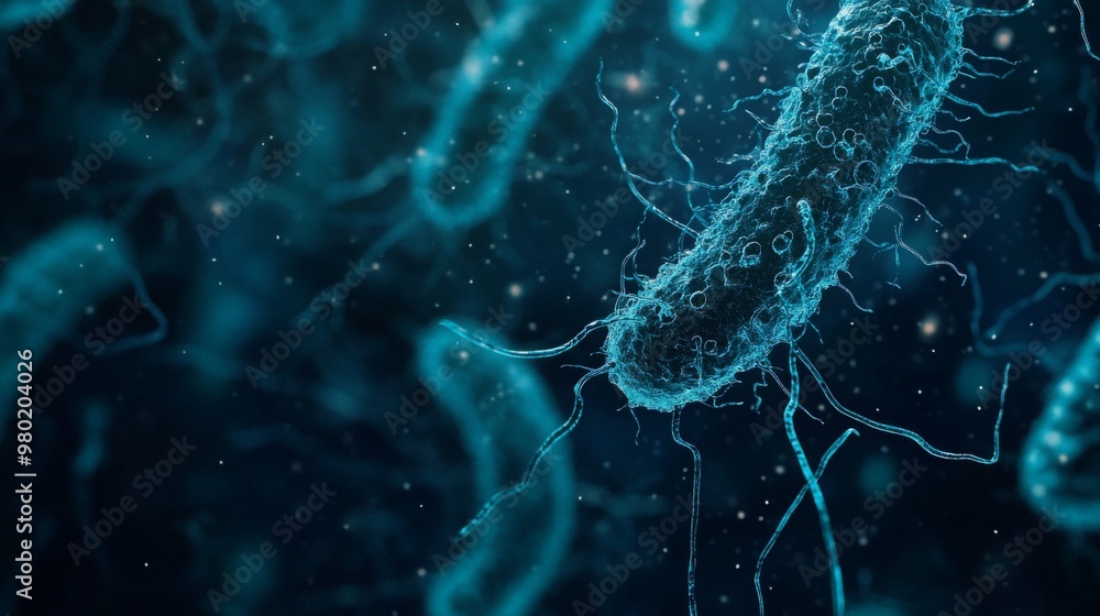 Poster the image showcases a close-up view of bacteria, highlighting their intricate shapes and structures.