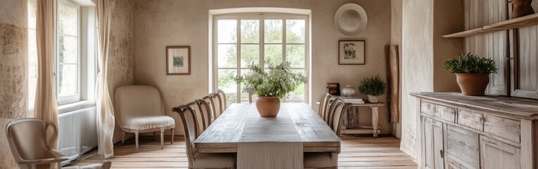 Fototapeta premium A serene dining area featuring natural light, wooden furniture, and decorative plants.