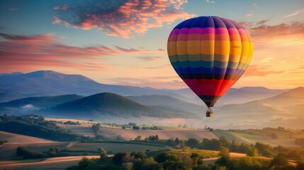 Hot Air Balloon Soaring Over Scenic Mountain Landscape at Sunrise