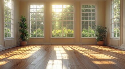Sunlight streaming through windows in an empty room with wooden floor