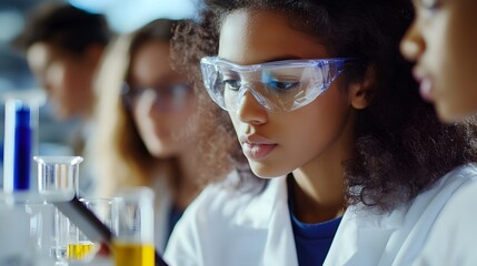 A young woman scientist in a lab coat and safety glasses looks intently at a beaker.
