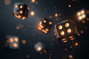 Dynamic Dice Tumbling in Mid-Air with Lucky Number Highlighted on Dark Gradient Background for Sports Betting Promotion