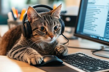 A cat wearing a small headset, sitting beside a laptop on an office desk with its paw gently touching the mousepad