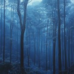 Fototapeta premium Mystical Blue Forest with Glowing Lights