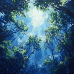 Obraz premium Sun Rays Through Forest Canopy Blue Sky Green Foliage Nature Sunlight Trees Artwork