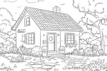 Obraz premium Coloring Book Page of a Quaint Cottage and Garden