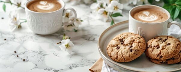 Coffee and cookies setup, gift, flowers, marble background, isolated on white background