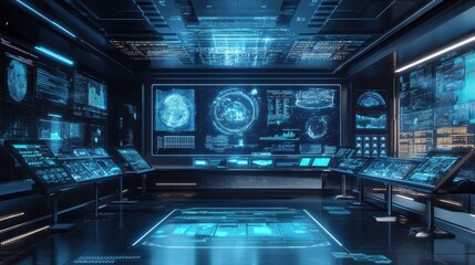 Fototapeta premium Futuristic Control Room with Blue Interfaces